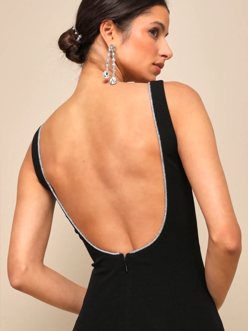 NWT Timeless Poise Black Rhinestone Square Neck Backless Maxi Dress